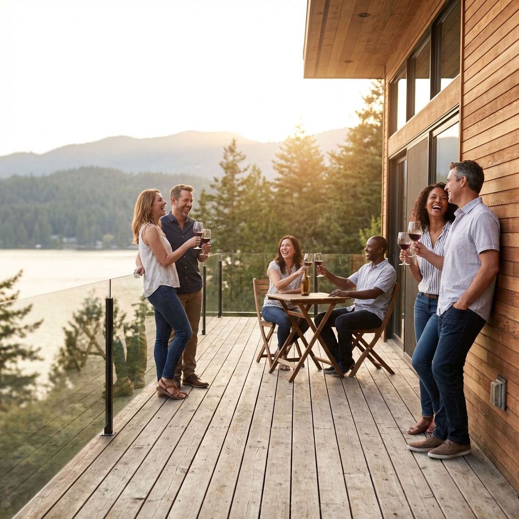 Three couples sharing wine on a vacation home deck
